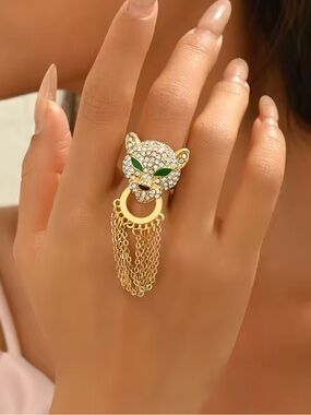Leopard Crystal Tassel Statement Ring Gold Tone Adjustable